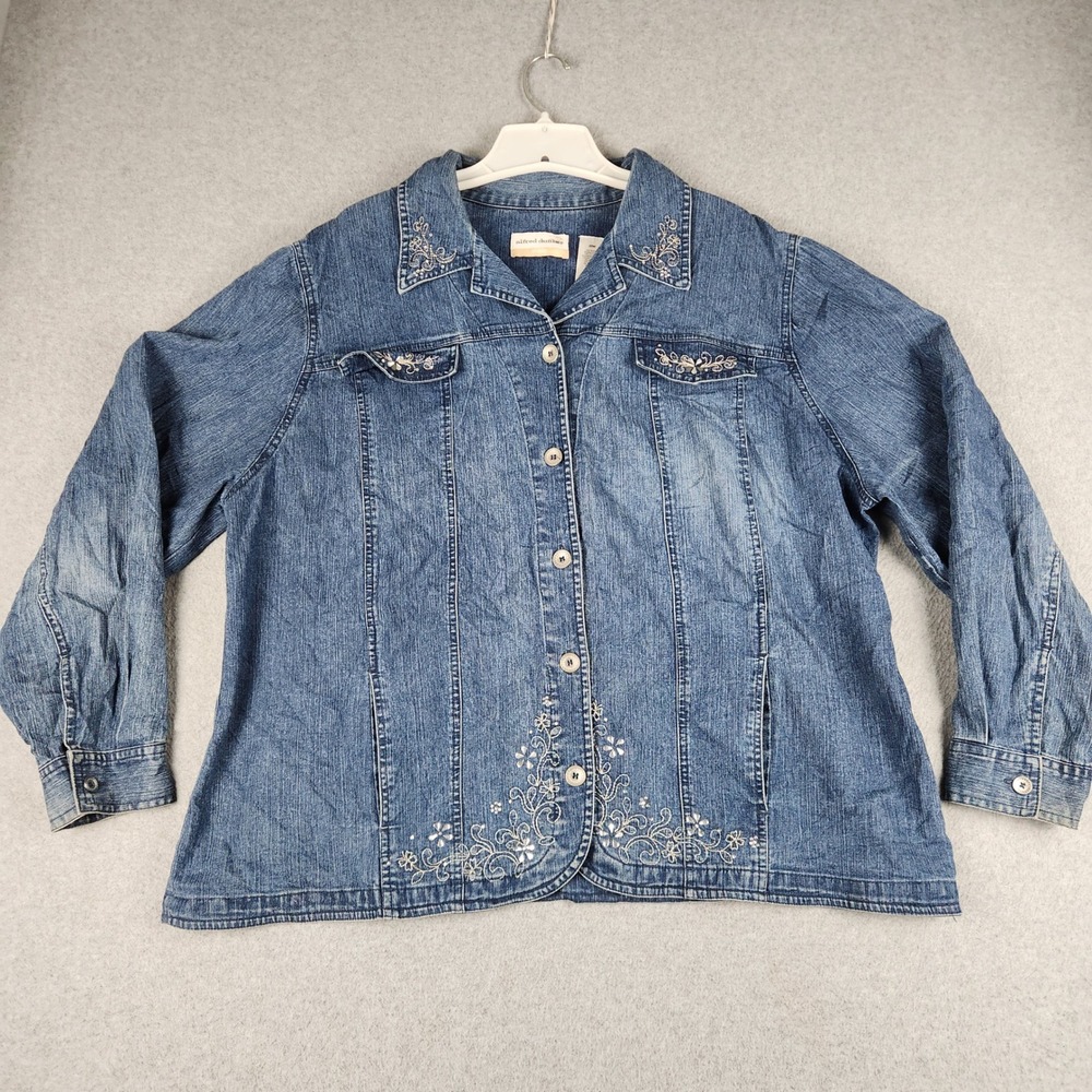 Alfred Dunner Jacket Womens 20W Blue Denim Ramie Embroidered Rhinestone Casual